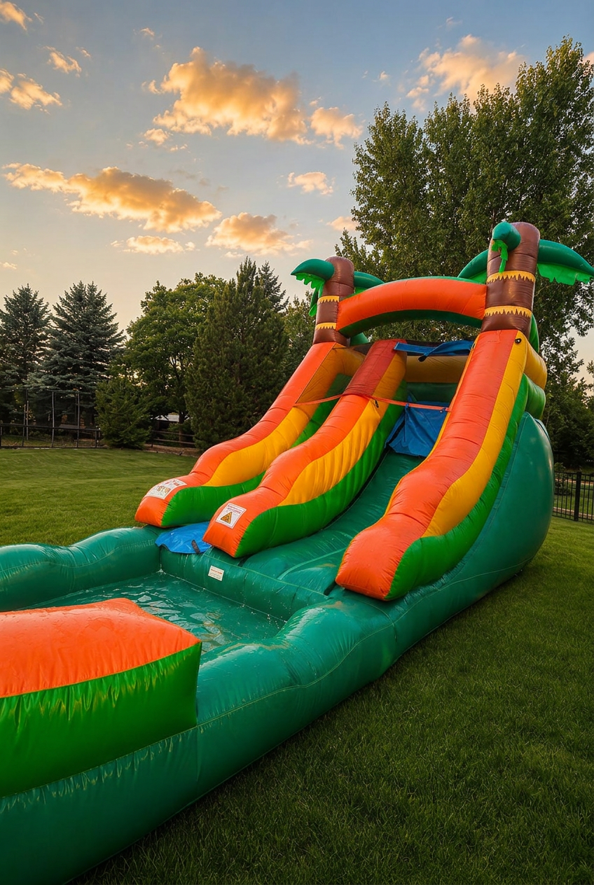 Tropical inflatable water slide set up on a manicured lawn at golden hour